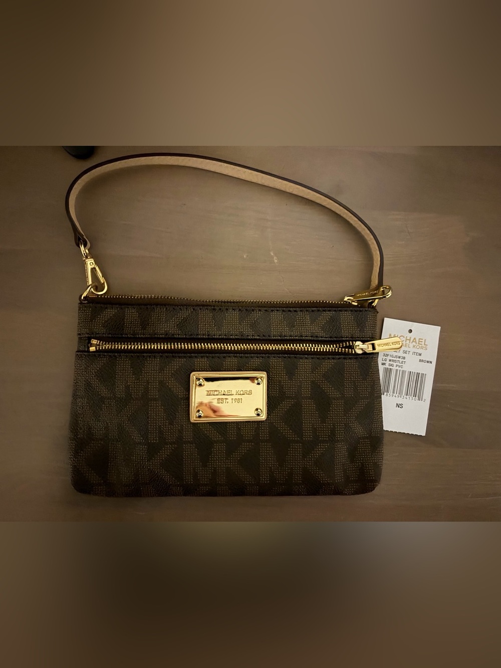 Michael Kors Dark Brown Signature Wristlet with Gold Hardware